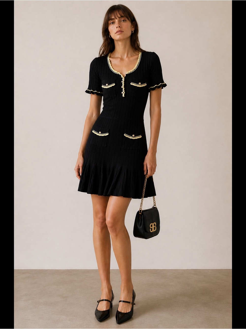 LN SANDRO Paris Black Knit Mini Dress Size 38 US 6 Neon Trim Pleated Hem Chic